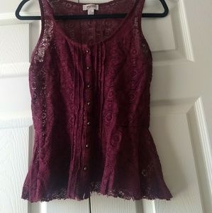 Burgundy button up lace tank top